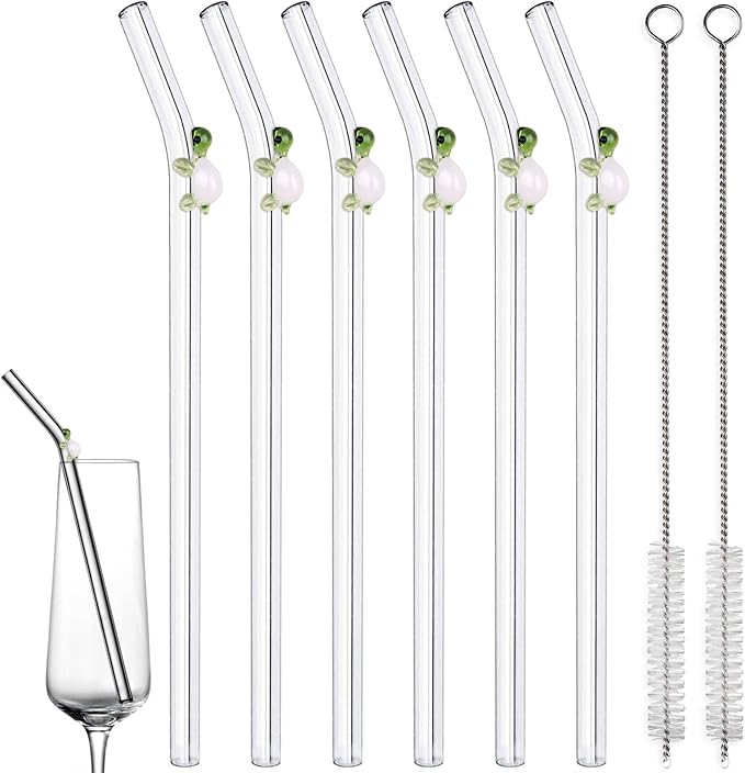 Green Turtle Design Glass Straws - 6-Pack, 2 Cleaning Brushes, Bent, 0.31"x7.9", Perfect for Drinks - Dishwasher Safe