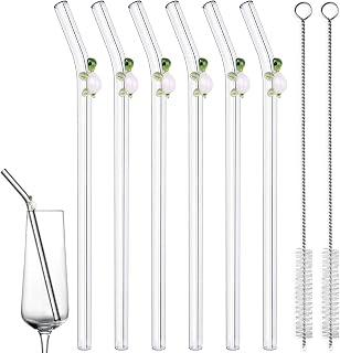 Green Turtle Design Glass Straws - 6-Pack, 2 Cleaning Brushes, Bent, 0.31"x7.9", Perfect for Drinks - Dishwasher Safe