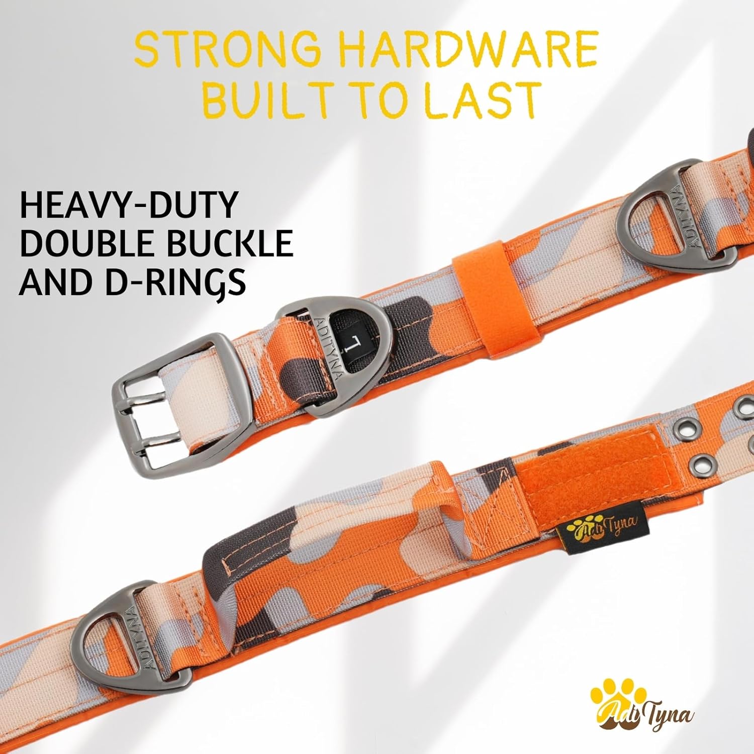 ADITYNA Heavy Duty Dog Collar for Large Dogs - Camo Orange Collar with Handle for Training, and Walking - Wide, Thick, Tactical, Soft Neoprene Padded
