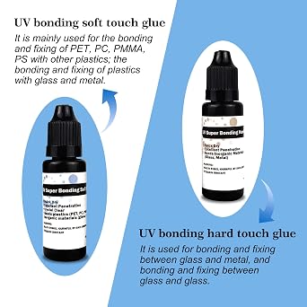 EDSRDXS 2-Pack 20ml Clear Soft & Hard UV Resin Repair Bonding Glue Kit | Soft glue for plastics (PC/PET); hard glue for glass & metal. Cures in 30-60s. Clear waterproof bond for home DIY repairs.