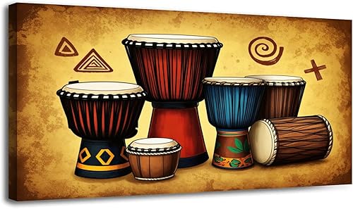 30"x 60" Indian Canvas Wall Art Colorful African Djembe Drums Tribal Patterns Vintage Framed Pictures Painting Prints Large Wall Art for Living Room