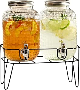 Style Setter Clifford Set Of 2 Beverage Dispensers With Infer & Metal Stand, Silver Lid, Cold Drink W/ 1 Gallon Capacity Glass Jug And Acrylic Spigot