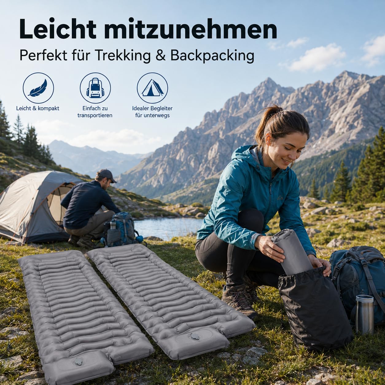 2 Stück Isomatte Camping mit Fußpumpe, 15CM Ultradicke Camping | Luftmatratze , kompakt und leicht für Wandern, Trekking, Outdoor und Strand, Grau
