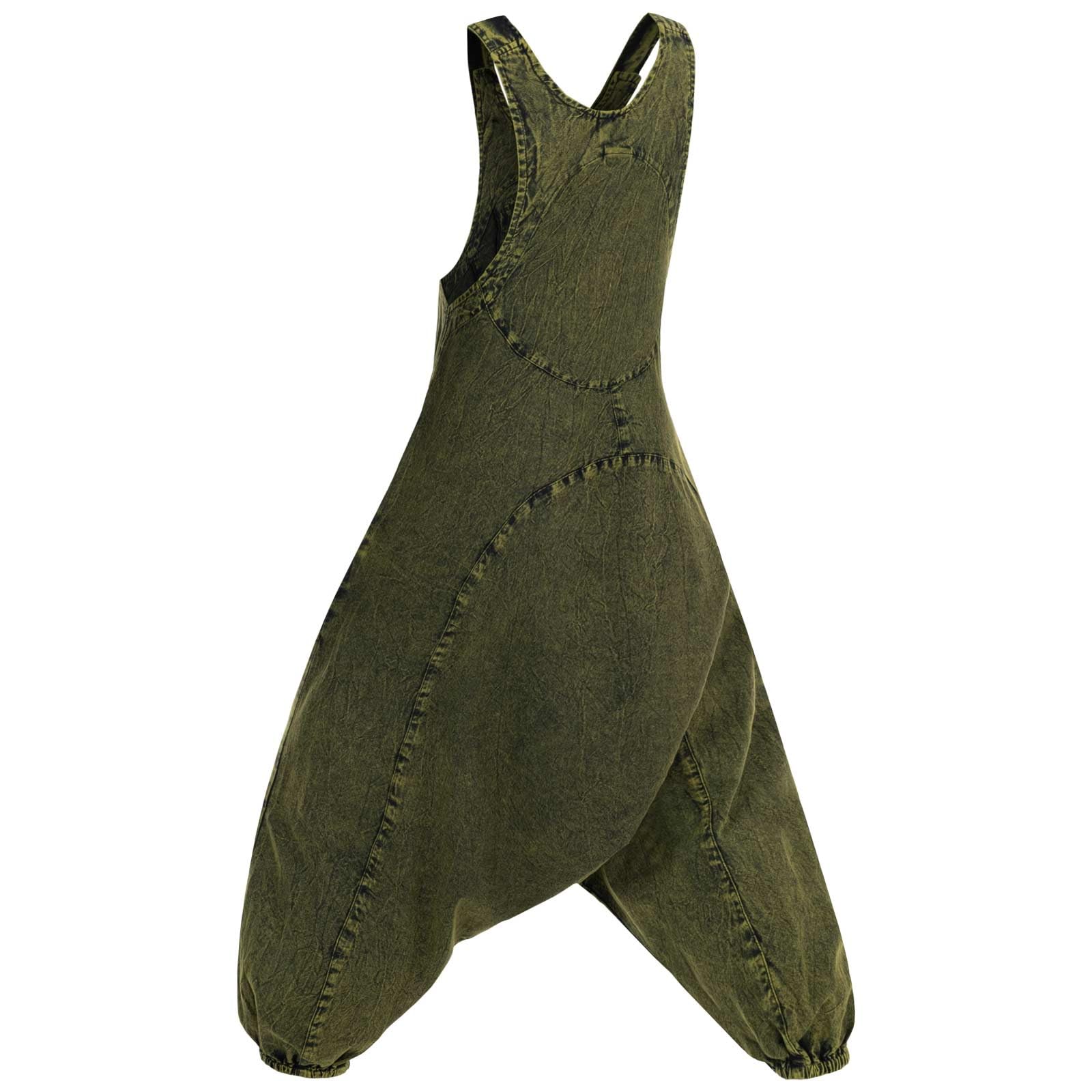 Kunst und Magie Damen Latzhose Hippie Haremshose Goa Hose Boho 70er Jumpsuit Overall Stonewashed Catsuit