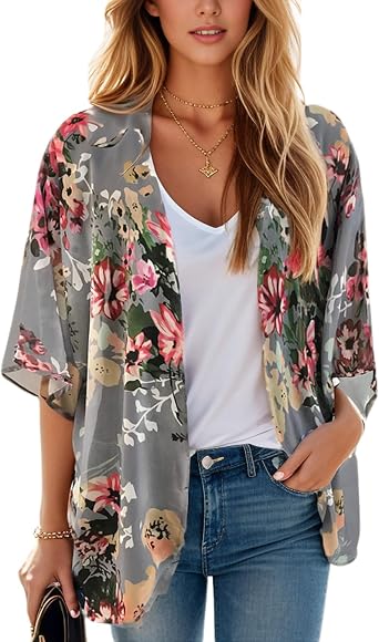 Womens Floral Print Puff Sleeve Kimono Cardigan Loose Cover Up Casual Blouse Tops