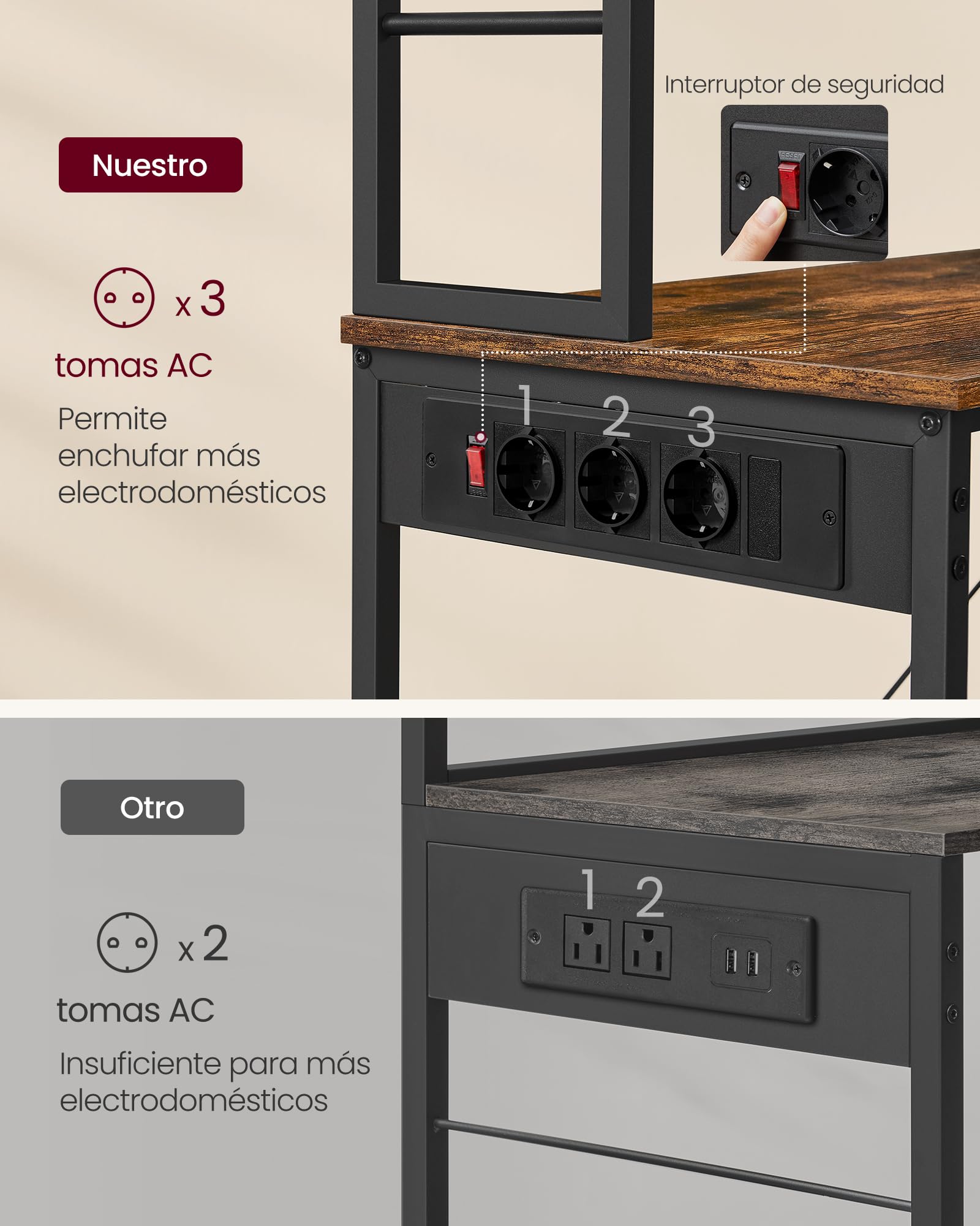 VASAGLE Estantería de Cocina con Enchufes, Estantería de Pie para Cocina, Estantería para Microondas, 6 Estantes y 6 Ganchos, Marco de Acero, 40 x 60 x 167 cm, Marrón Rústico y Negro Tinta KKS124K01
