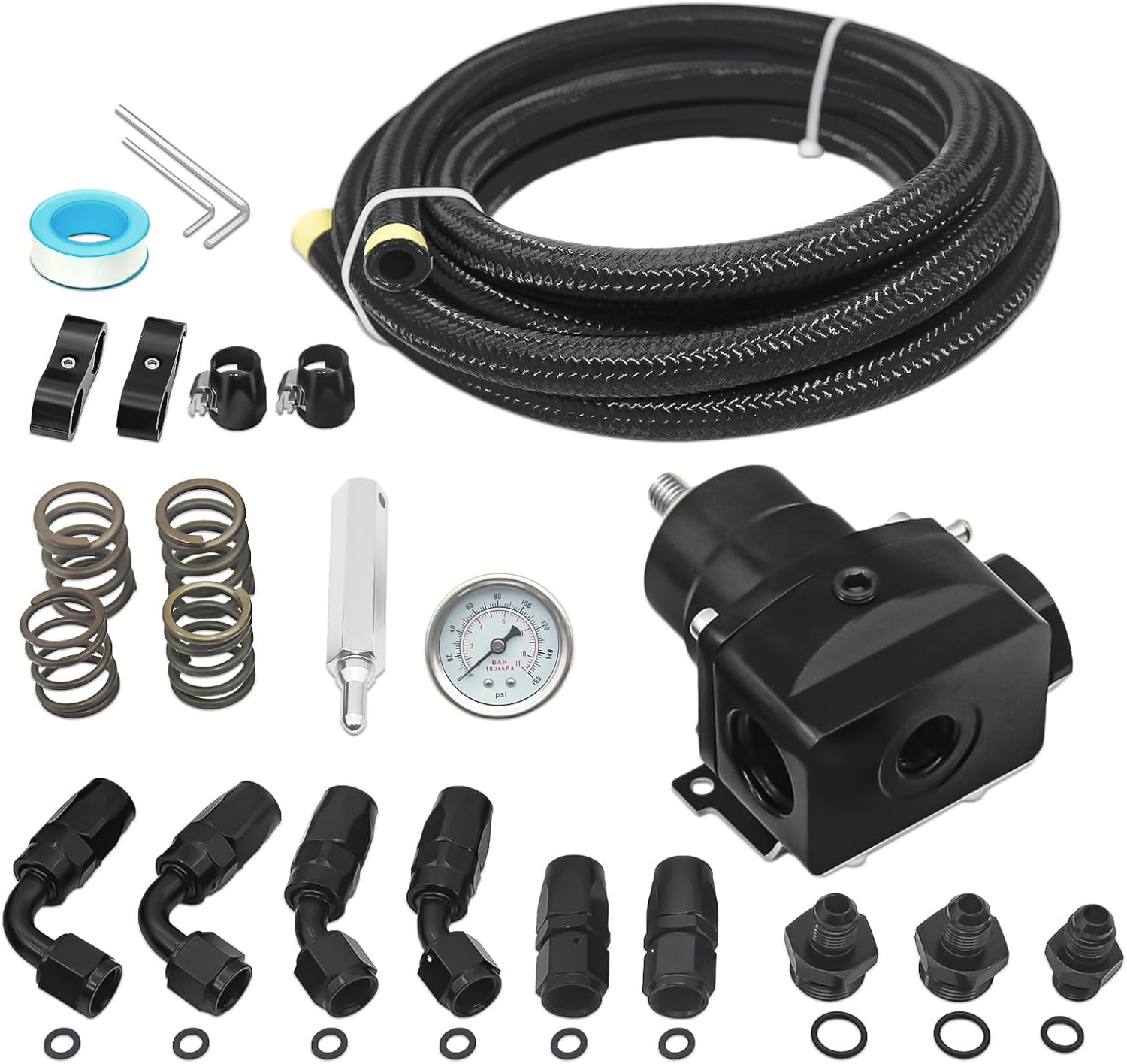 Universal Adjustable EFI Fuel Pressure Regulator Kit (20-120 PSI) - Equipped with Pressure Gauge and 10 FT 6AN CPE Fuel Line Hose and Adapter Fitting, in Black Anodized Aluminum Material