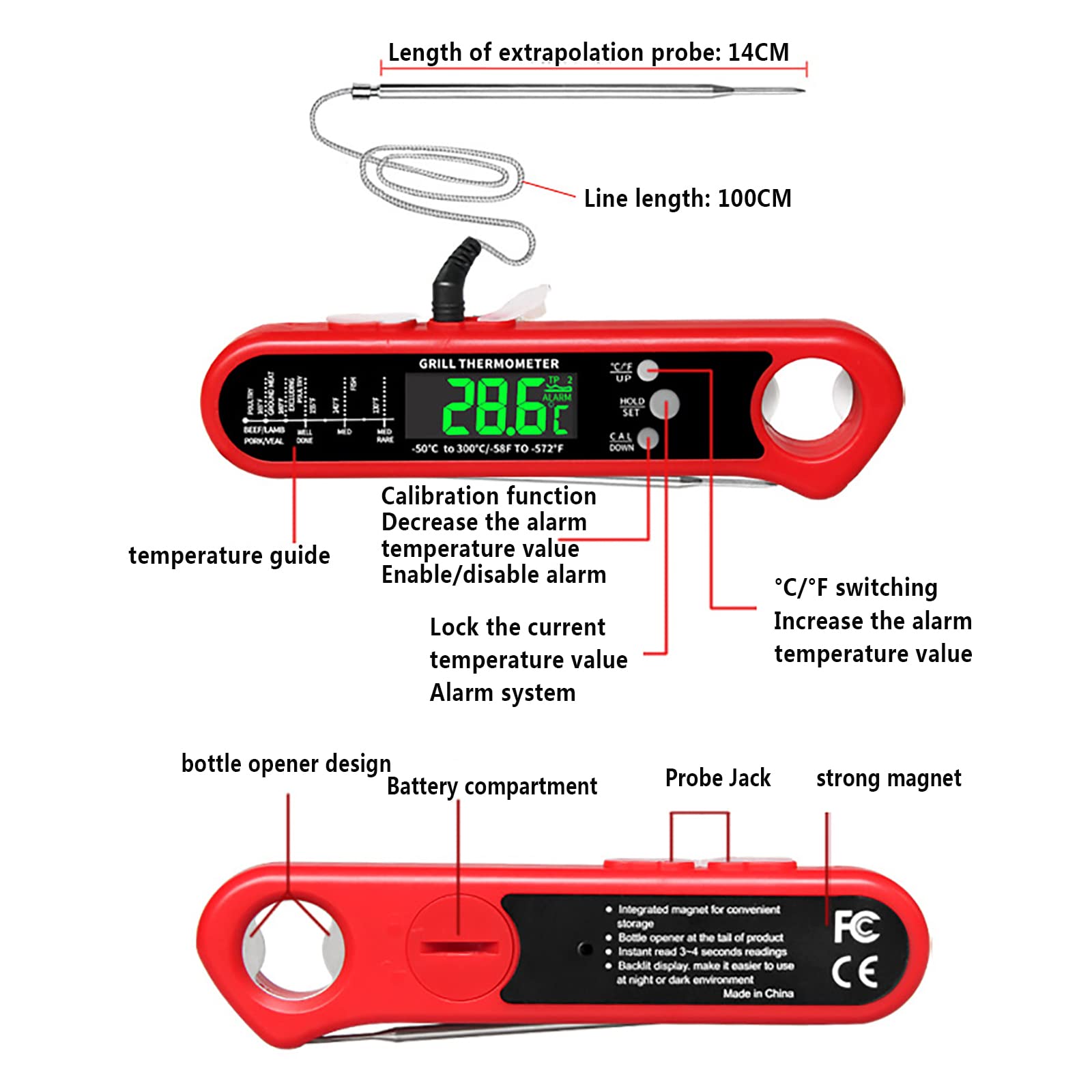 Fleischthermometer, sofort ablesbares Fleischthermometer mit Alarm- und Kalibrierungsfunktion, faltbares Grillthermometer mit Zwei Sonden, schnell genau, für Küche, Grillen im Freien