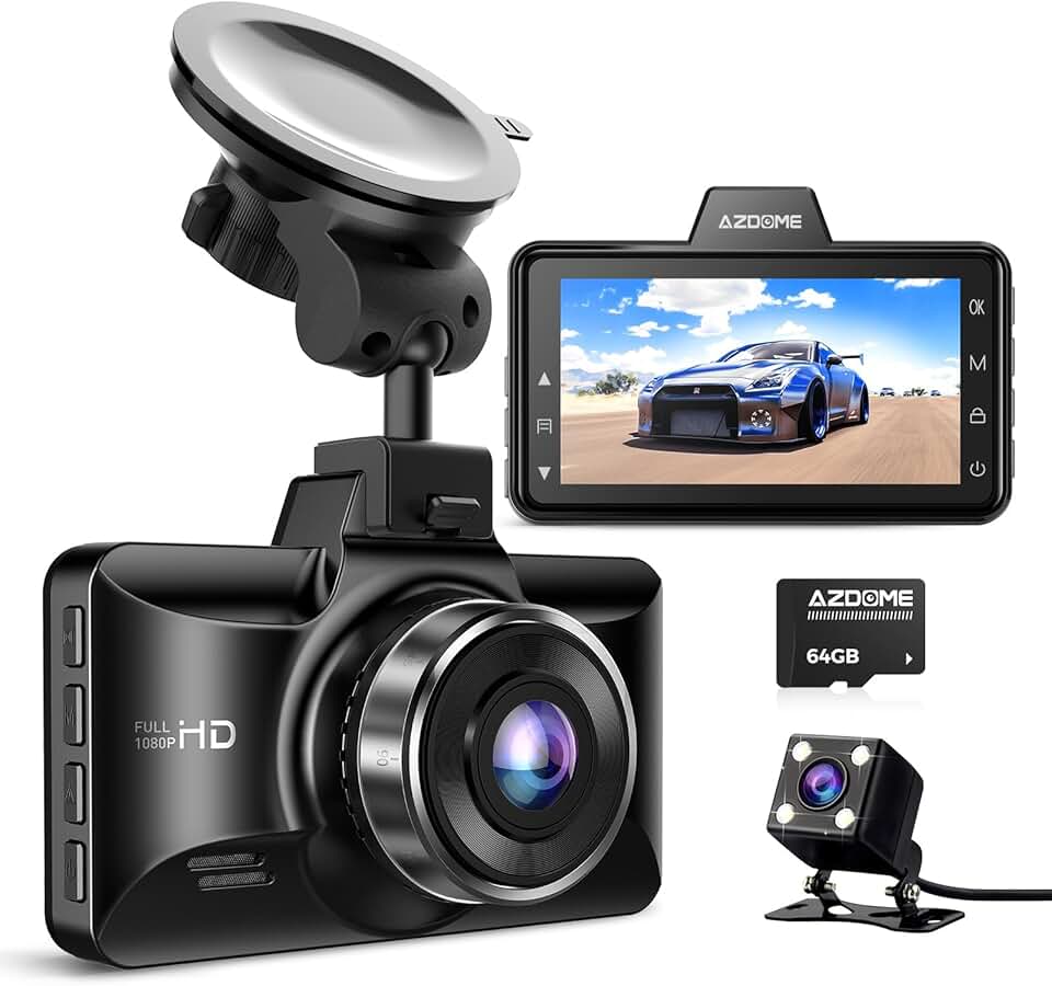 AZDOME Câmera veicular Dash Cam FHD 1080P com visão noturna, tela IPS de 7 cm, grande angular, monitor de estacionamento, sensor G, gravação em loop, cartão SD (M01 Pro)