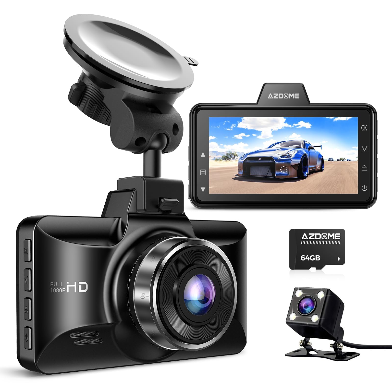 AZDOME Dash Cam 1080P FHD Araç Kamerası, 3 inç Ekranlı, 150° Geniş