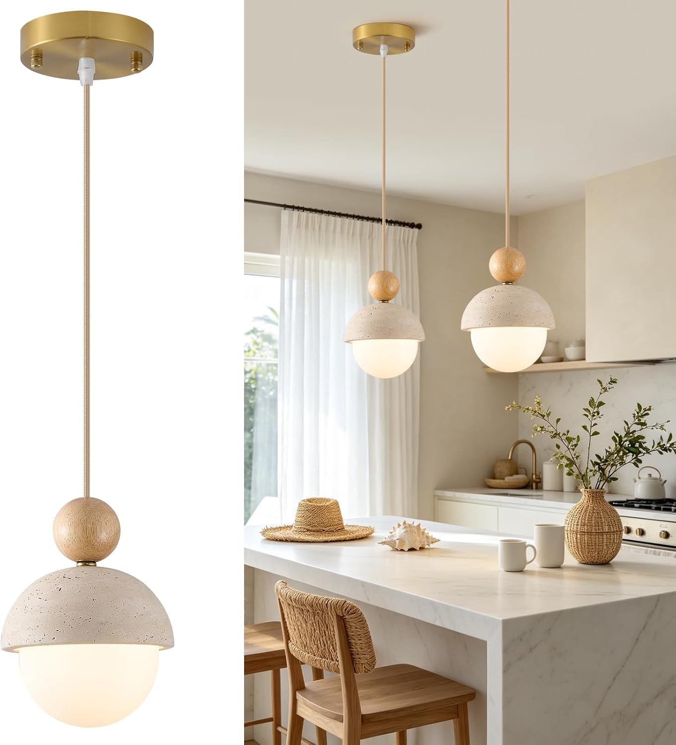 1 Pack Travertine Pendant Light with Wood Ball, Adjustable Height Hanging Ceiling Light Fixture, Modern Minimalist G9 Mini Pendant Lamp for Kitchen Island Bedroom Bathroom Sink
