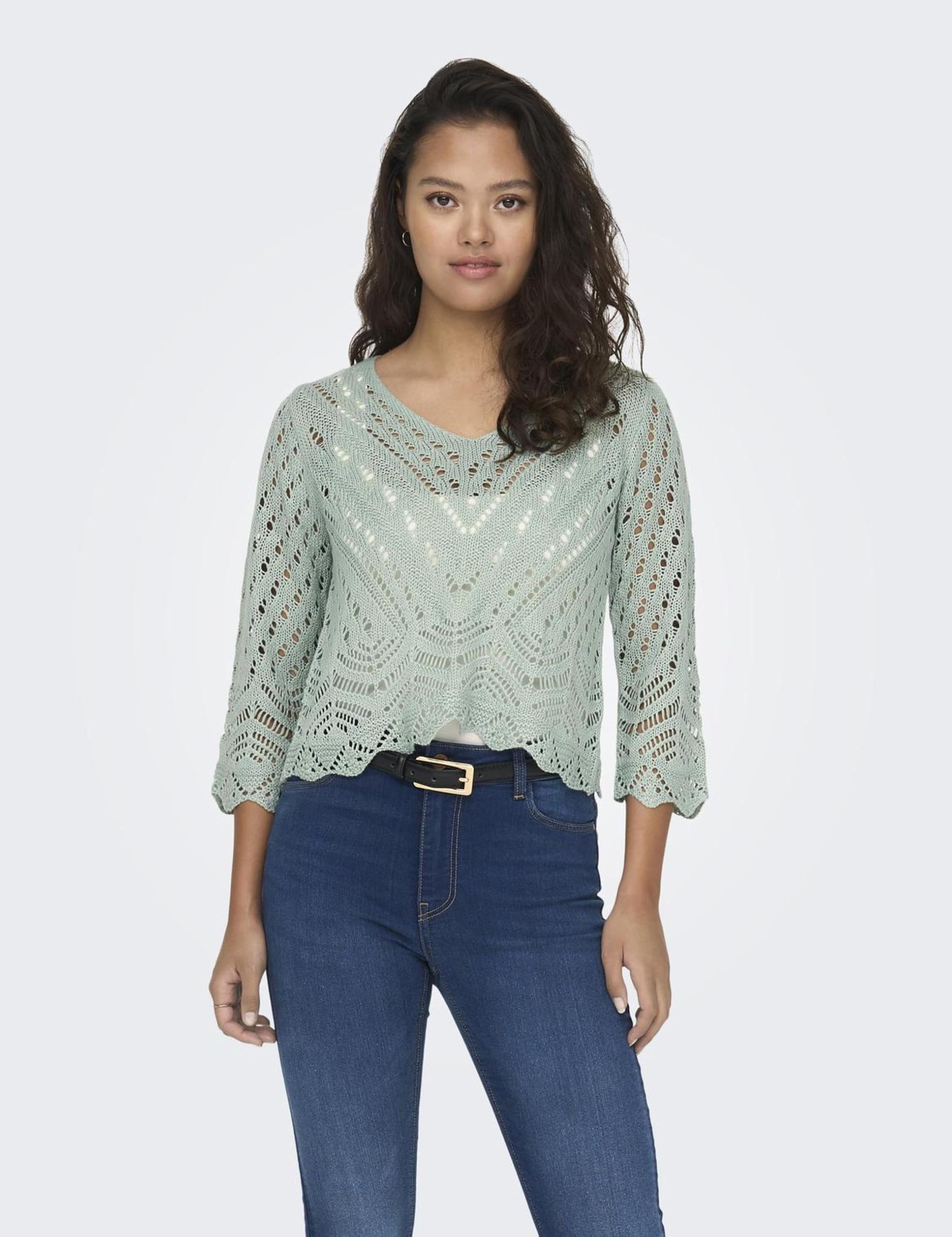 JDY Jdynew Sun 3/4 Cropped Pullover Knt Noos Camisa Crochet con Cuello en V Mujer (Pack de 1)