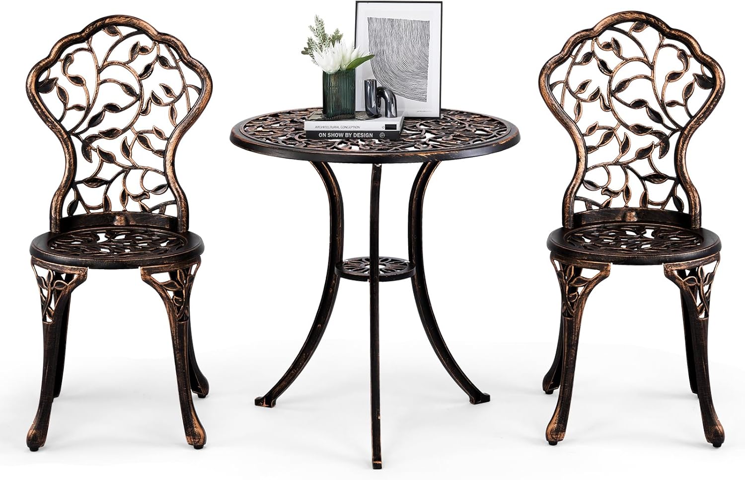Outvita Patio Table and Chairs Set, Cast Aluminum Outdoor Cafe Table and Chairs Set of 3, Stability Patio Bistro Sets for Garden, Patio, Balcony, Leaf Pattern Bronze