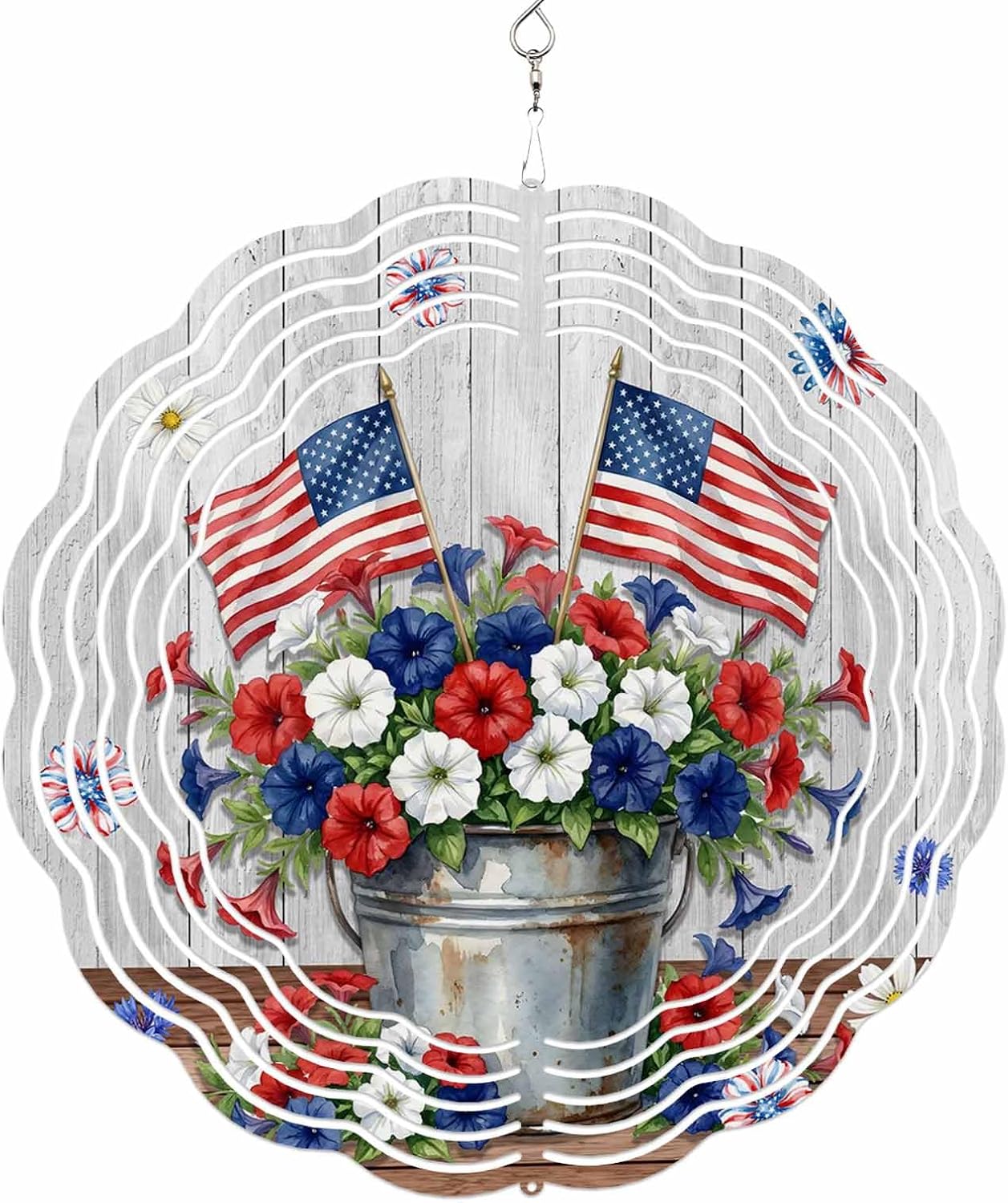 Independence Day 250th Anniversary Wind Spinner for Garden Yard 3D Stainless Steel Hanging Wind Spinners, USA Flag Flowers Spinners Outdoor Metal Decor for Lawn Patio Home