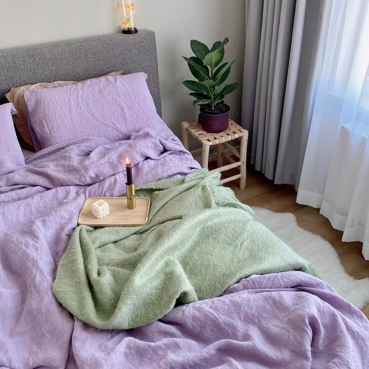 JOWOLLINA Natur Leinen Bettwäsche-Set Soft Washed Finish 180mg2 (Flieder, 155x220 cm, 40x80 cm)