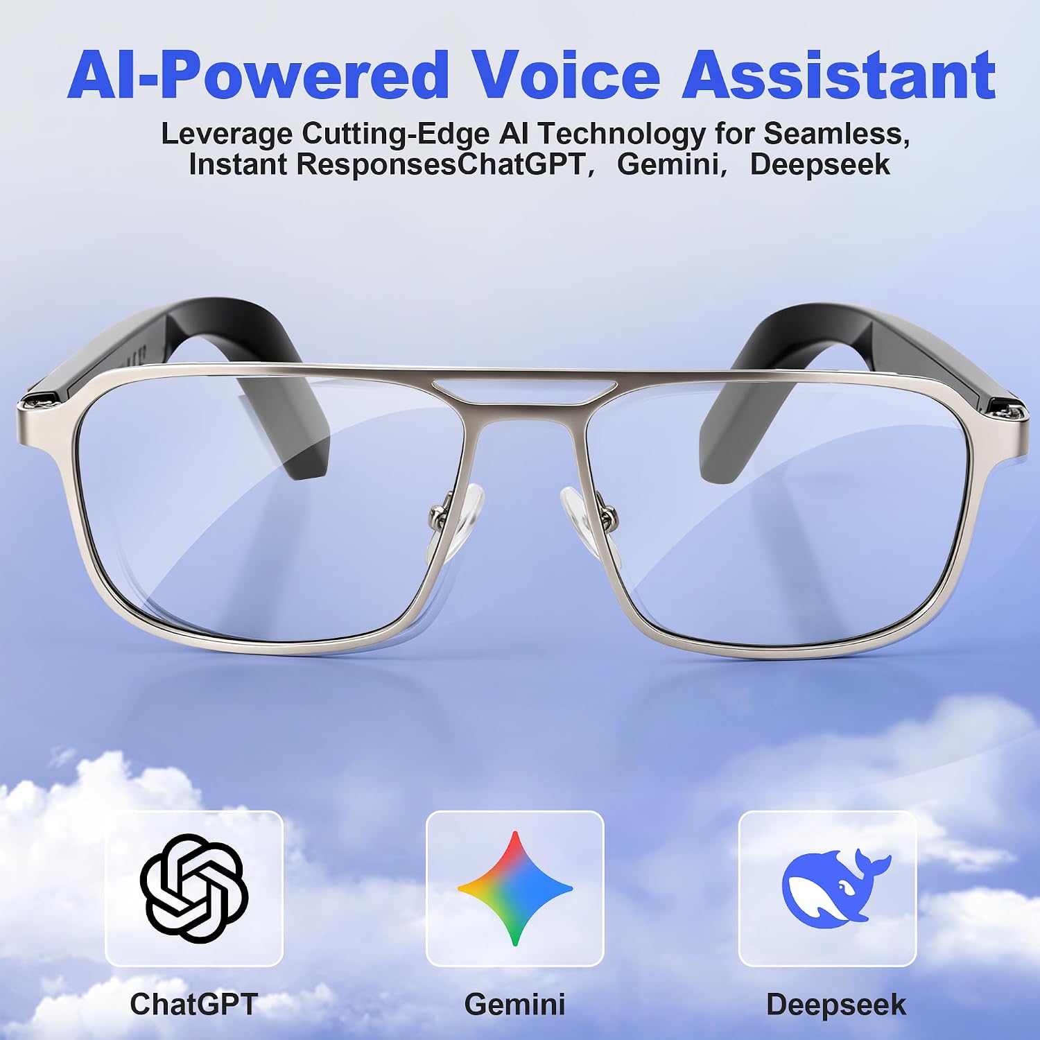 AI Smart Glasses with ChatGPT & Real-Time Translation, Bluetooth Audio Glasses with Photochromic Lens, Music & Hands-Free Calling, UV/Blue Light Protection, Metal Frame, Thin Temple