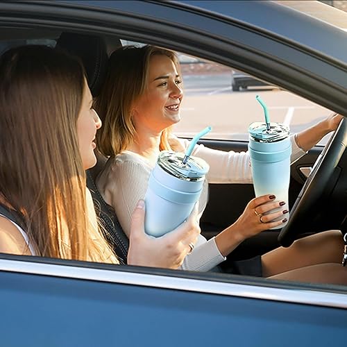 Miniatura 2 de Vaso de 40 onzas con asa y pajilla, vaso de acero inoxidable a prueba de fugas con tapa para popote 2 en 1, mantiene las bebidas frías durante 24