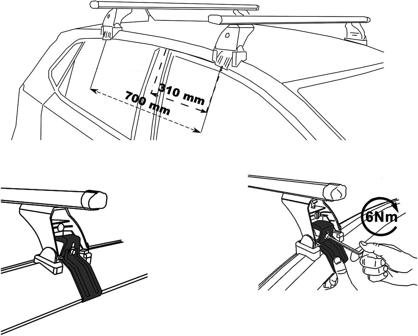 Installation diagram showing roof bar placement, measurements, and torque wrench use