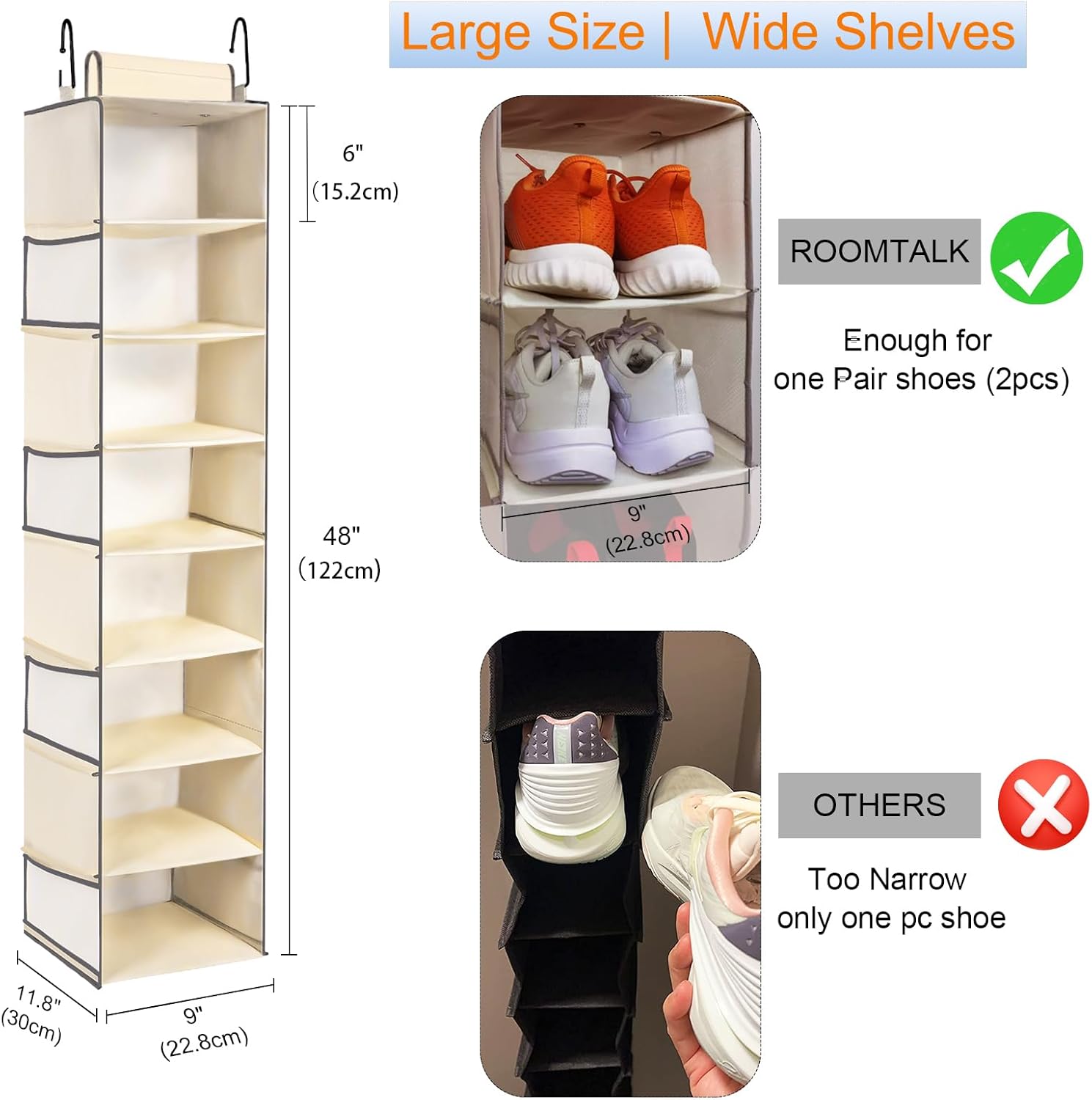 Large-Sized Hanging Shoe Organizer 8-Shelf, Hanging Closet Organizer with 8 Side Pockets, Wider Hanging Shelves for Storage Shoes Clothes 9" W × 11.8" D× 48" H, Beige. Beige 1 pack