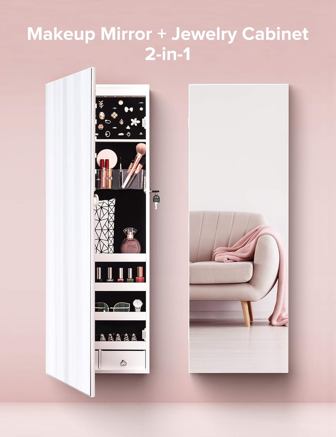Nicetree 8 LED Mirror Jewelry Cabinet, Jewelry Armoire Organizer with Full Length Mirror, Wall/Door Mounted, Full Length Mirror, White : Clothing, Shoes & Jewelry