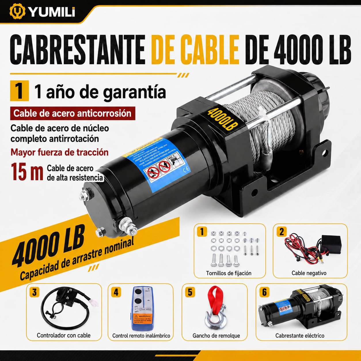 Cabrestante Eléctrico 12 V, 4000 LBS/1818 Kg Cabrestante Quad, Winchi Electrico Cable de Acero 4.8mm*15 m con Control Remoto Inalámbrico, IP67 para Remolque Todoterreno de Vehículos ATV UTV SUV