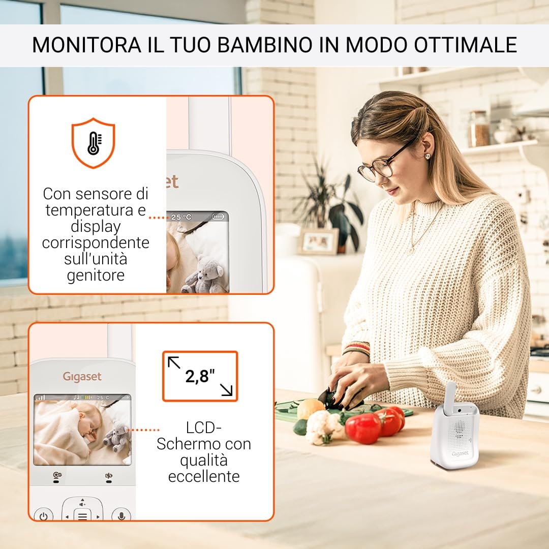 Gigaset Baby 300 Video Baby Monitor, Schermo 2,8 Pollici, Cream White | Audio bidirezionale, tecnologia FHSS, luce notturna, [Versione Italiana]