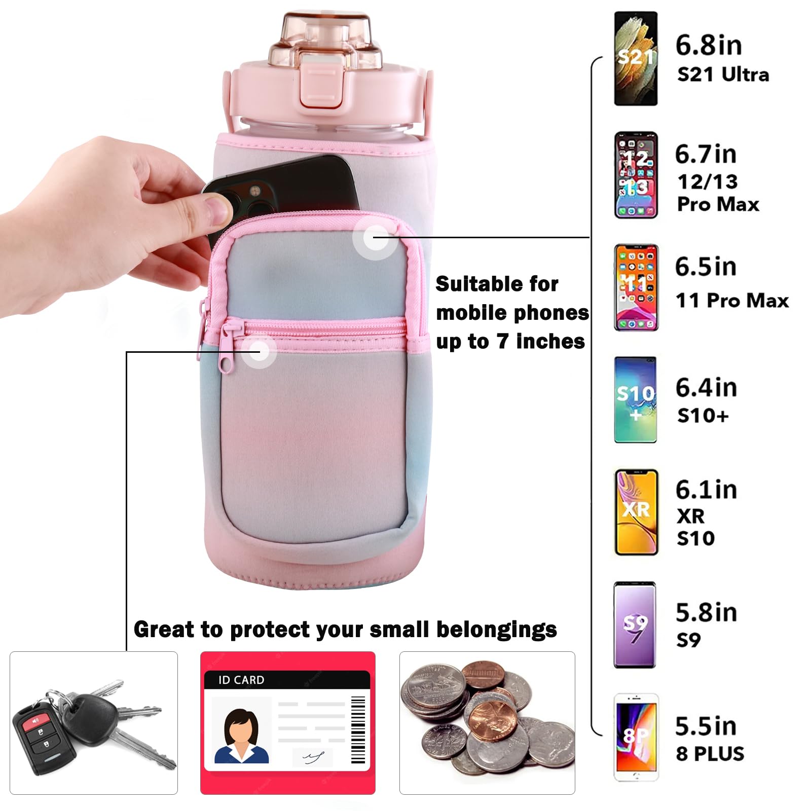 1,8 l Wasserflasche mit Hülle und Riemen, 1,8 l, motivierende Wasserflaschen mit Strohhalm, große breite Öffnung, Wasserkrug mit Zeitmarkierung für Fitness, Fitnessstudio und Outdoor-Sportarten,