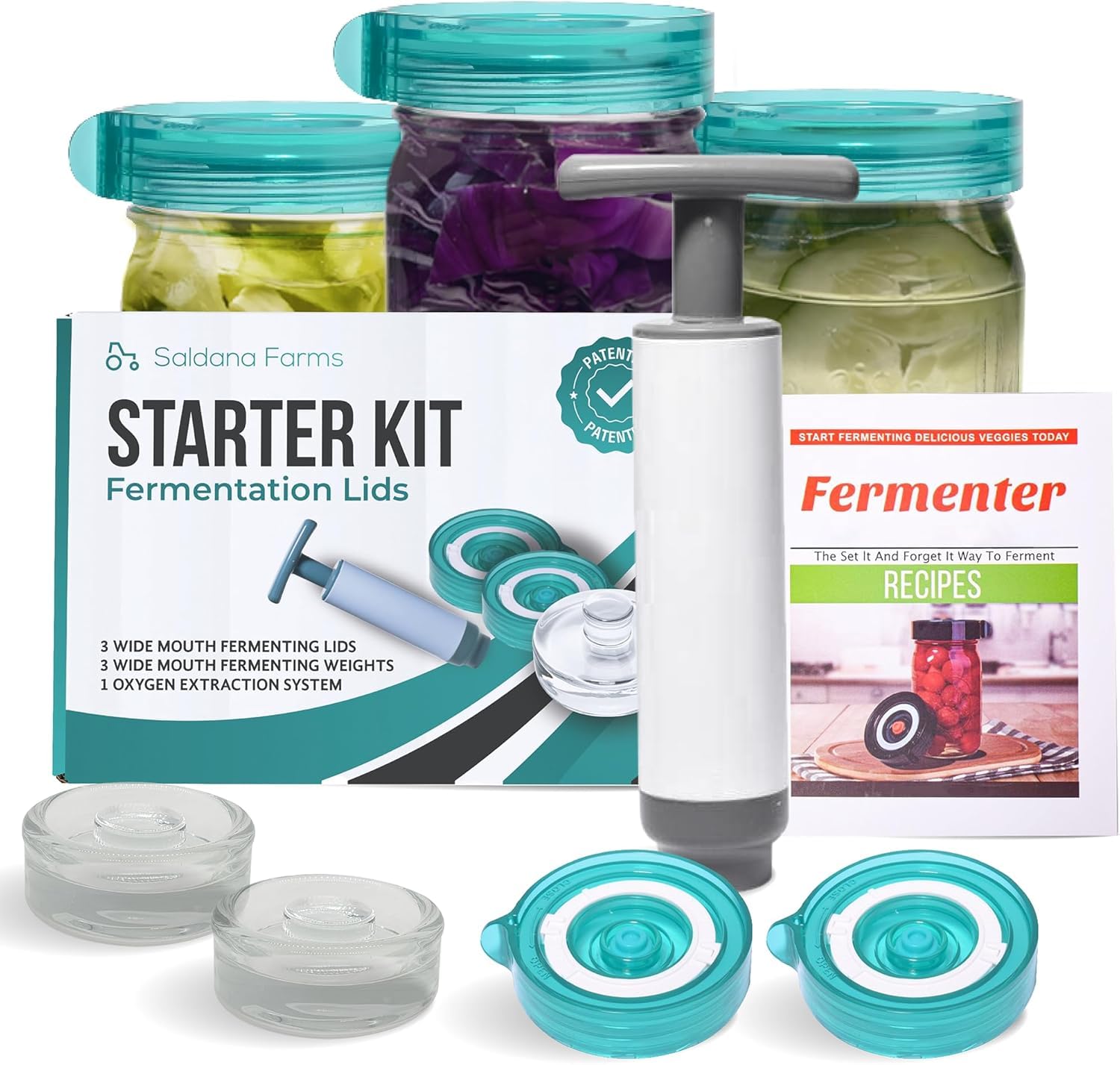 Easy Fermenter Fermentation Starter Set, Includes 3 Airlock Fermentation Lids and 3 Glass Weights, Sauerkraut Fermenting Kit for Wide Mouth Mason Jar, Pickles, Vegetables, & Kimchi Making Kit