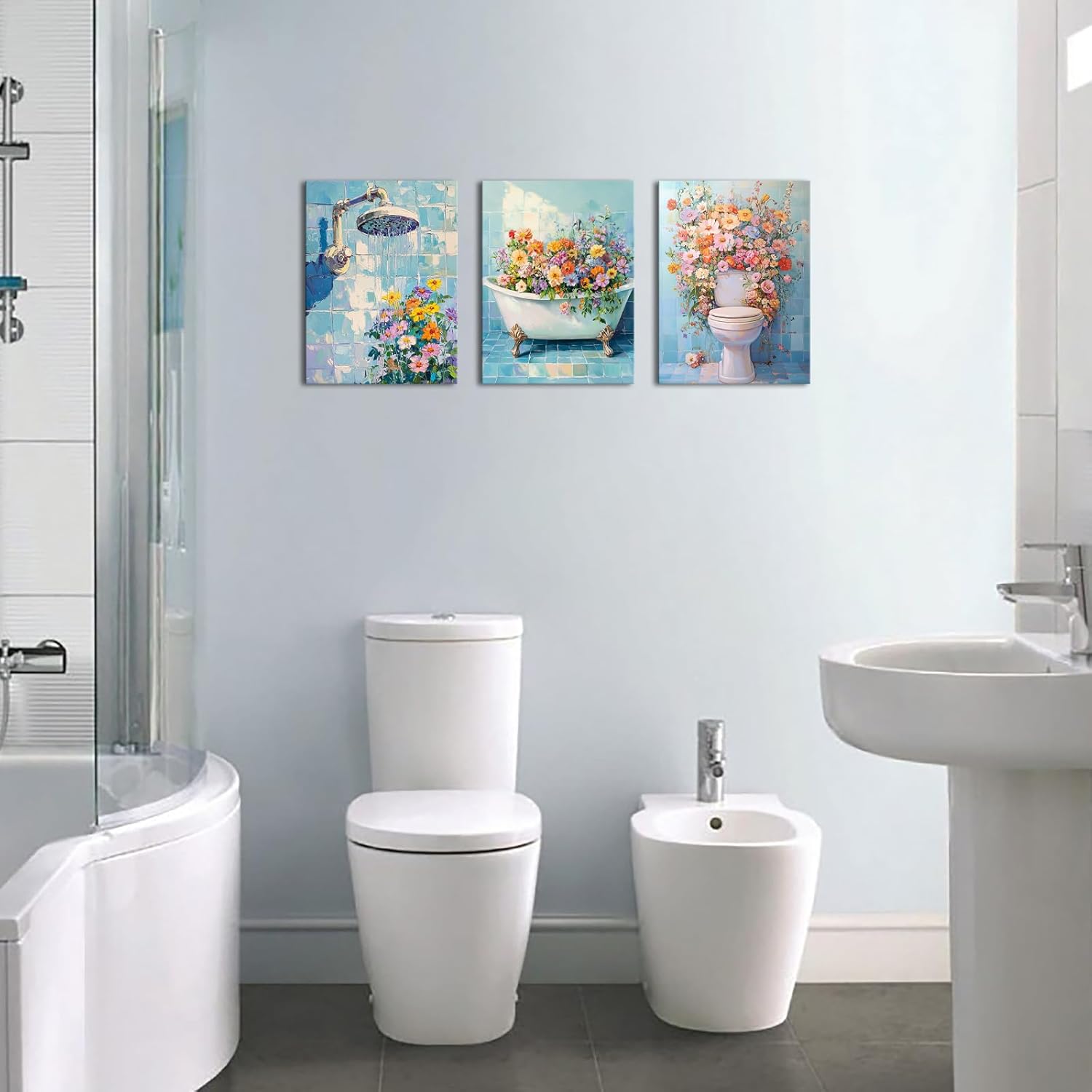 LyerArtork 3 Pieces Bathroom Wall Art Canvas Prints Botanical Floral Pictures Shower Bathtub Toilet with Colorful Flowers Painting Blue Wall Decor for Bathroom Shower Room 12"x16"x3