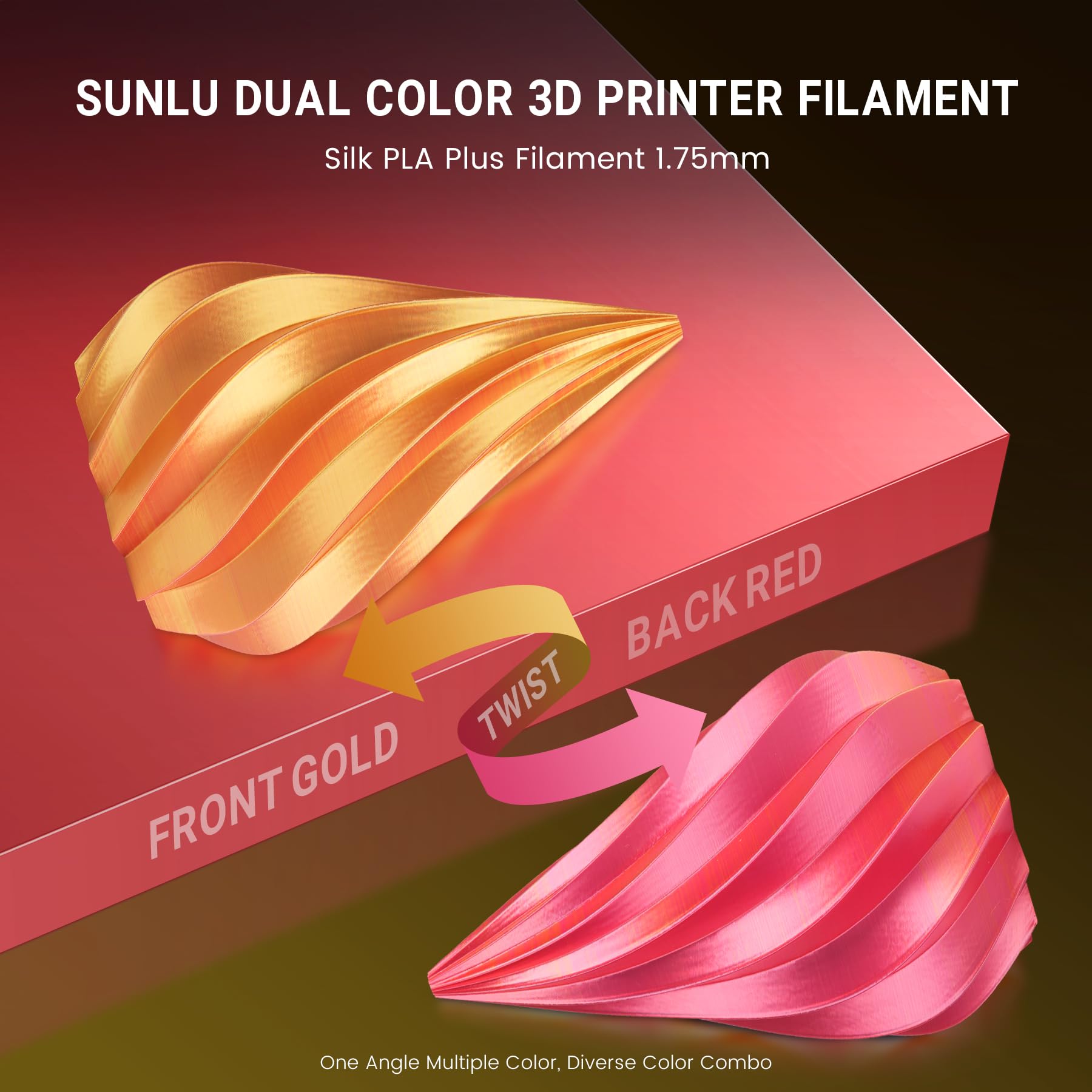 SUNLU Silk PLA Plus Filamento per stampante 3D, Filamento PLA+ Lucido a Doppio Colore da 1.75mm, 360° Svela Vari Colori, Precisione Dimensionale +/- 0.02mm, Bobina da 1kg, Oro Rosso