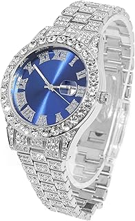 HALUKAKAH Blue Dial Diamonds Gold Watch Iced Out, Men\'s 18k Real Gold/Platinum White Gold Plated Quartz Wristband 24cm, with Cuban Link Necklace Bracelet Set Options, Free Giftbox