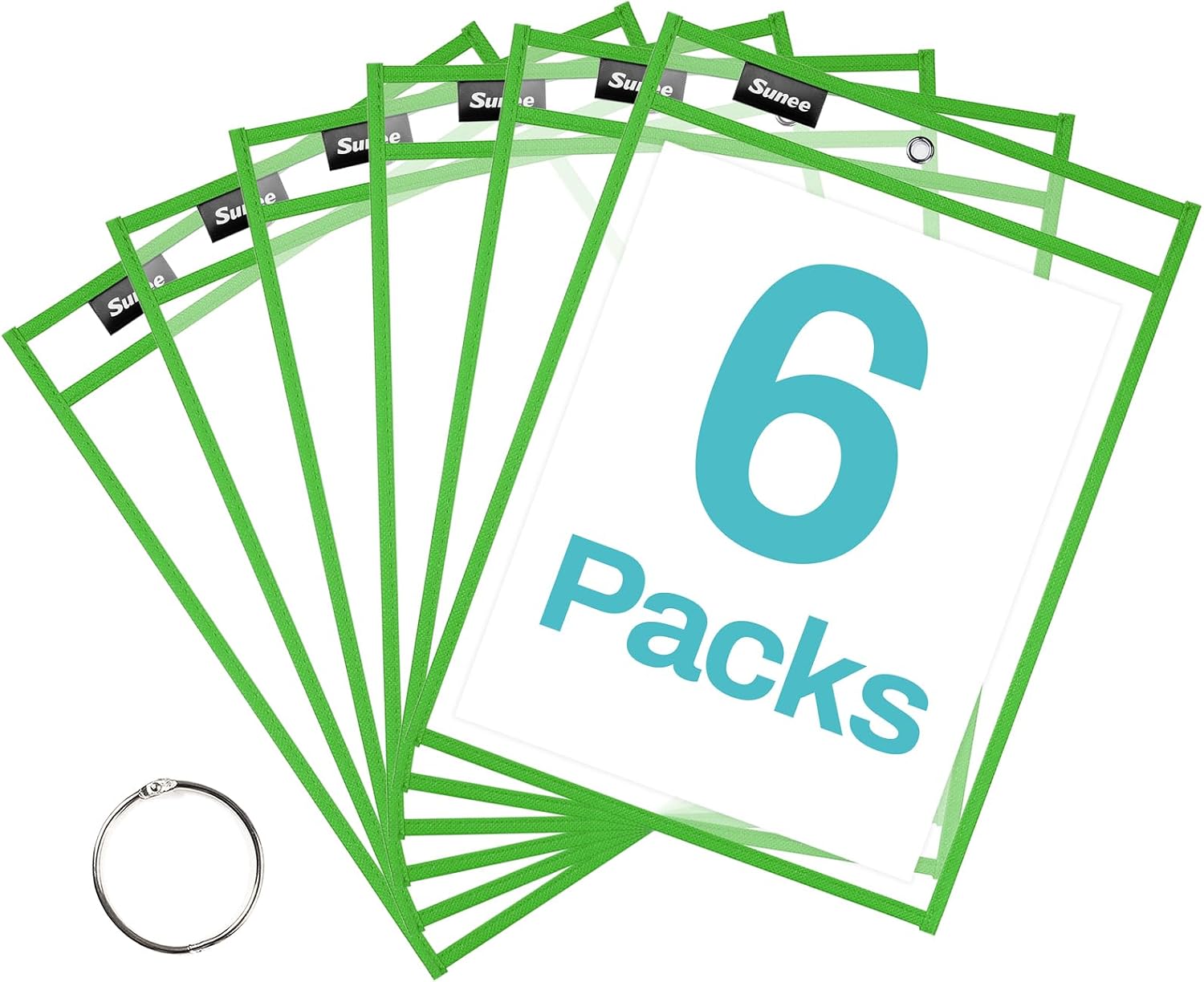SUNEE 6 Packs Oversized Reusable Dry Erase Pocket Sleeves with Ring, Green 10x14 Ticket Holders, Clear Plastic Sheet Protectors, Teacher School Classroom Supplies