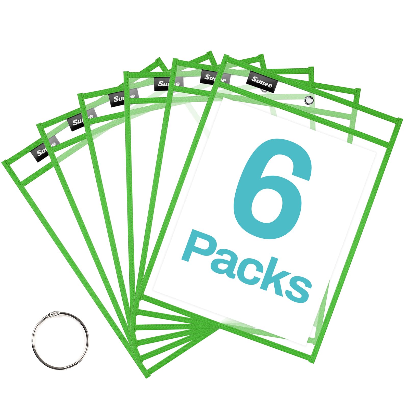 SUNEE 6 Packs Oversized Reusable Dry Erase Pocket Sleeves with Ring, Green 10x14 Ticket Holders, Clear Plastic Sheet Protectors, Teacher School Classroom Supplies