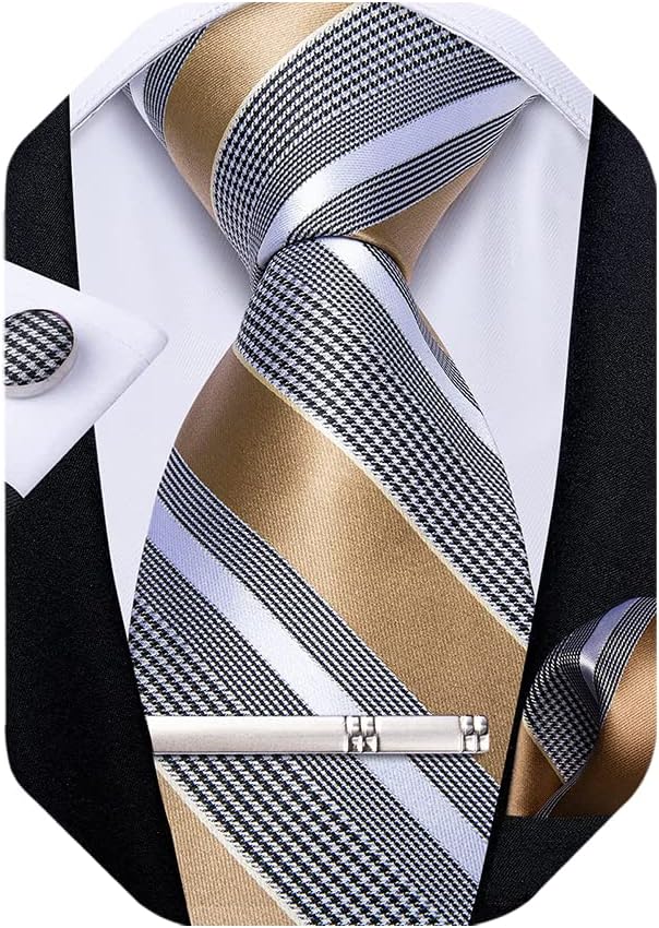 Mens Striped Tie Silk Woven Necktie and Pocket Square Cufflinks Tie Clip Set Wedding Business Formal Gift Tie for Men