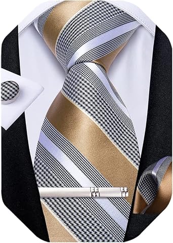 DiBanGu Mens Striped Tie Silk Woven Necktie and Pocket Square Cufflinks Tie Clip Set Wedding Business Formal Gift Tie for Men