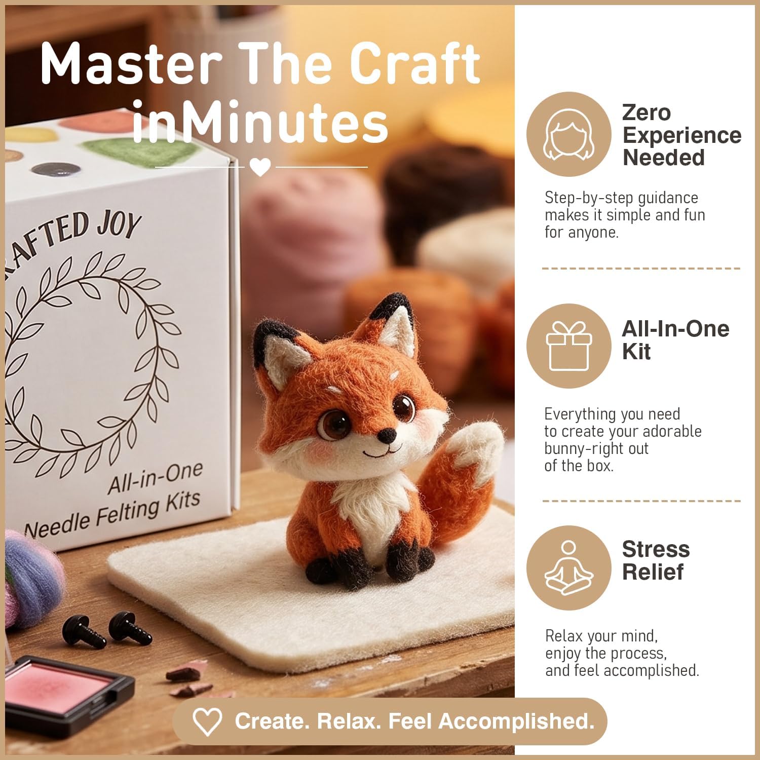 DIY Needle Felting Kit Cute Fox – Needle Felting Starter Kit with Fiber Roving, Needles, Felting Pad & Instructions | Felted Animal Kit for Beginners Adults | DIY Craft Gift Home Decoration