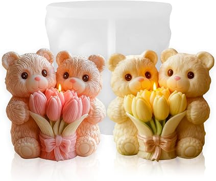 1 PCS Teddy Bear Tulip Silicone Candle Molds,DIY Epoxy Resin Mold Valentine | Food Grade Silicone,reusable & flexible,for Wax Candle,Epoxy Resin,Chocolate,Cake Decor,Home Ornament,Valentine Birthday Gift