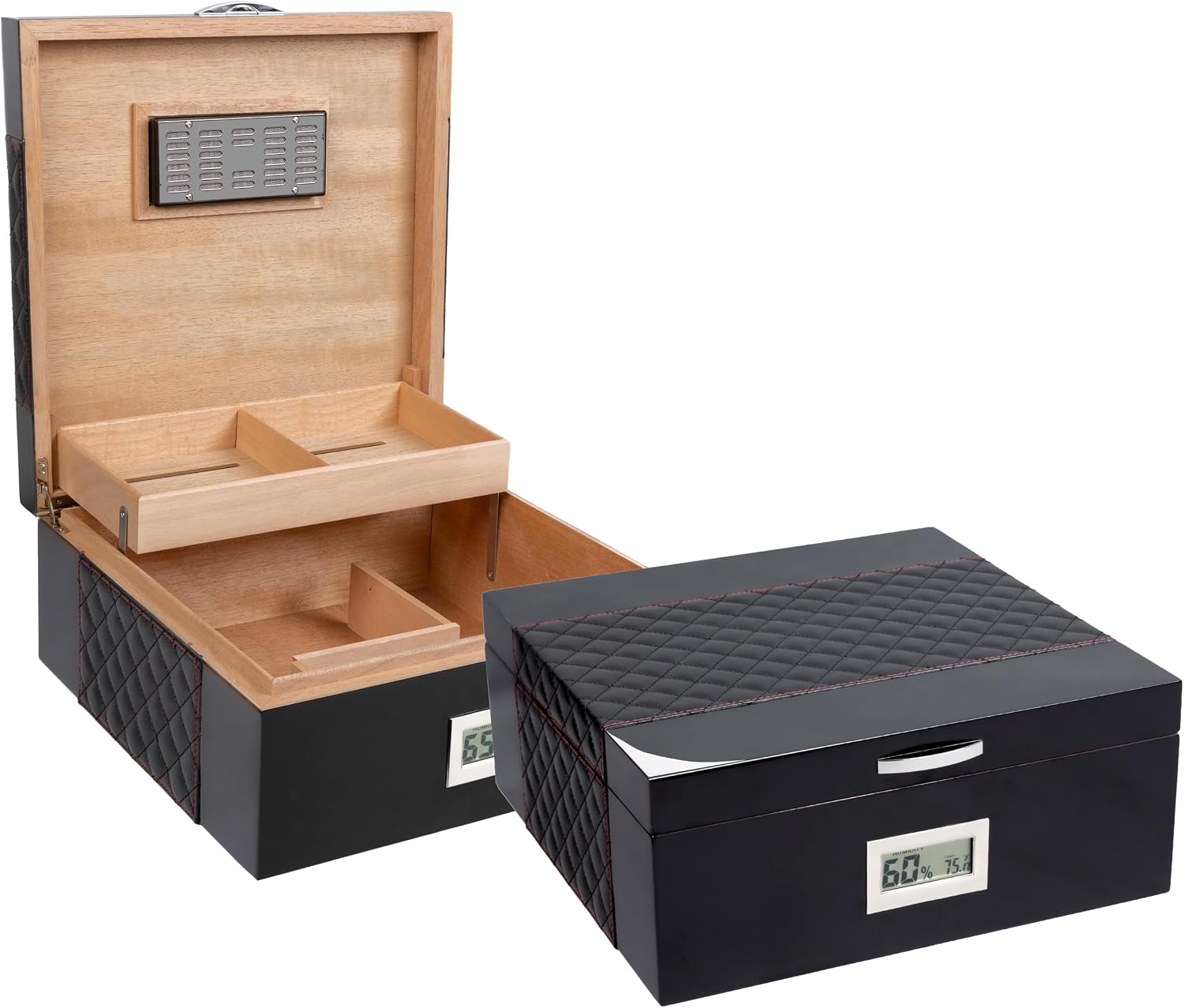 Prestige Import Group - Hampton Diamond Stitch Leather & Lacquer Finish Cigar Humidor - Capacity: Up to 200 - Color: Black