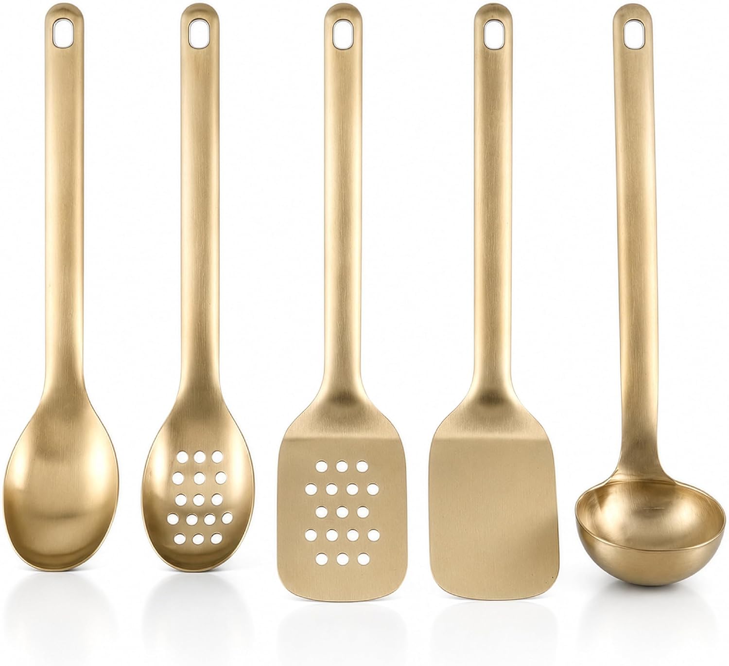 Gold Kitchen Utensil Set - 5 Piece Stainless Steel Cooking Utensils, Gold Cooking Tools Set with Spoon, Slotted Spoon, Turner, Slotted Turner & Ladle, Hanging Storage Design