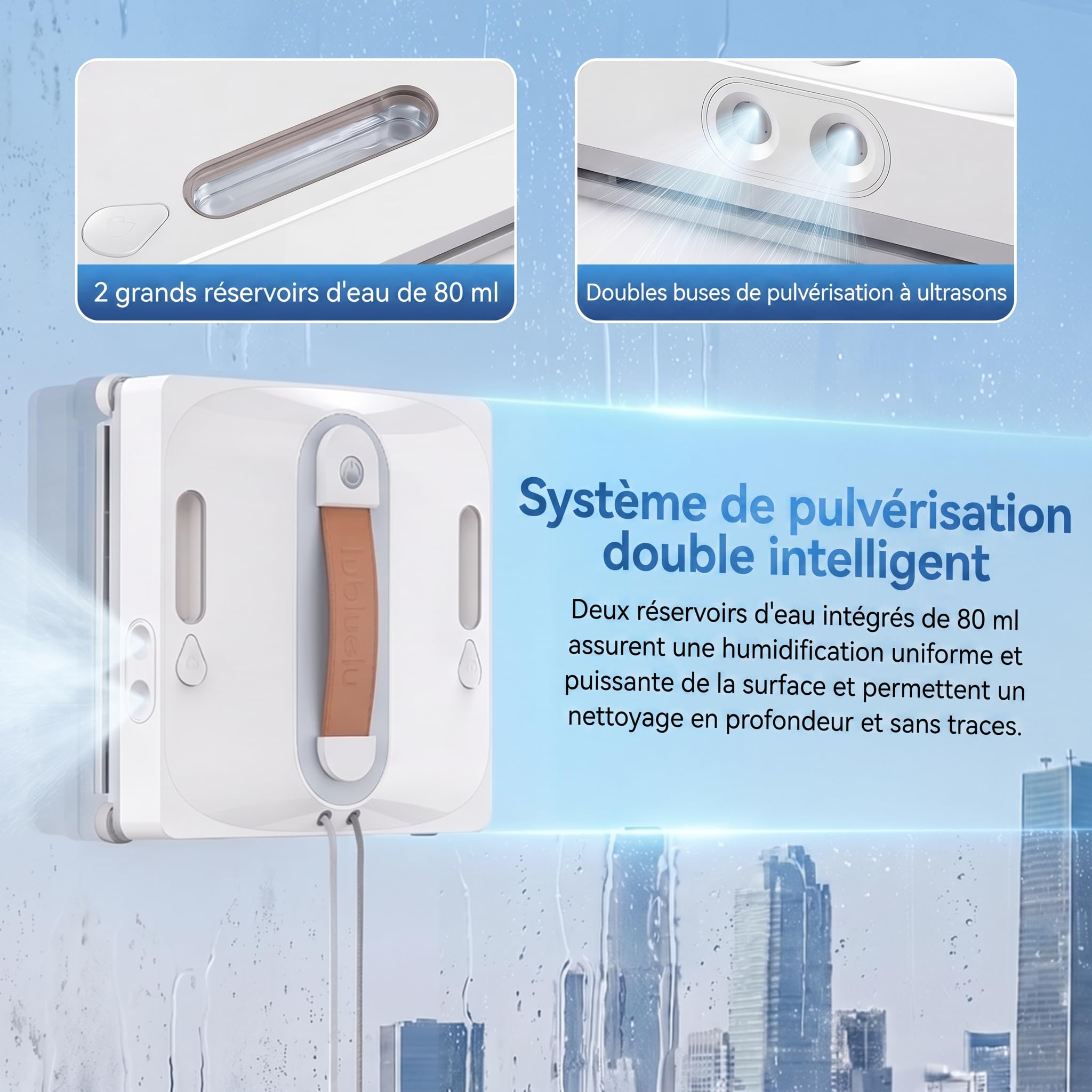 Lubluelu Robot Lave-Vitres avec Navigation IA, Aspiration 8 kPa, Double Pulvérisation, Réservoir 80 ml, Système de Sécurité 8 Niveaux, Nettoyage Automatique des Vitres (Blanc)
