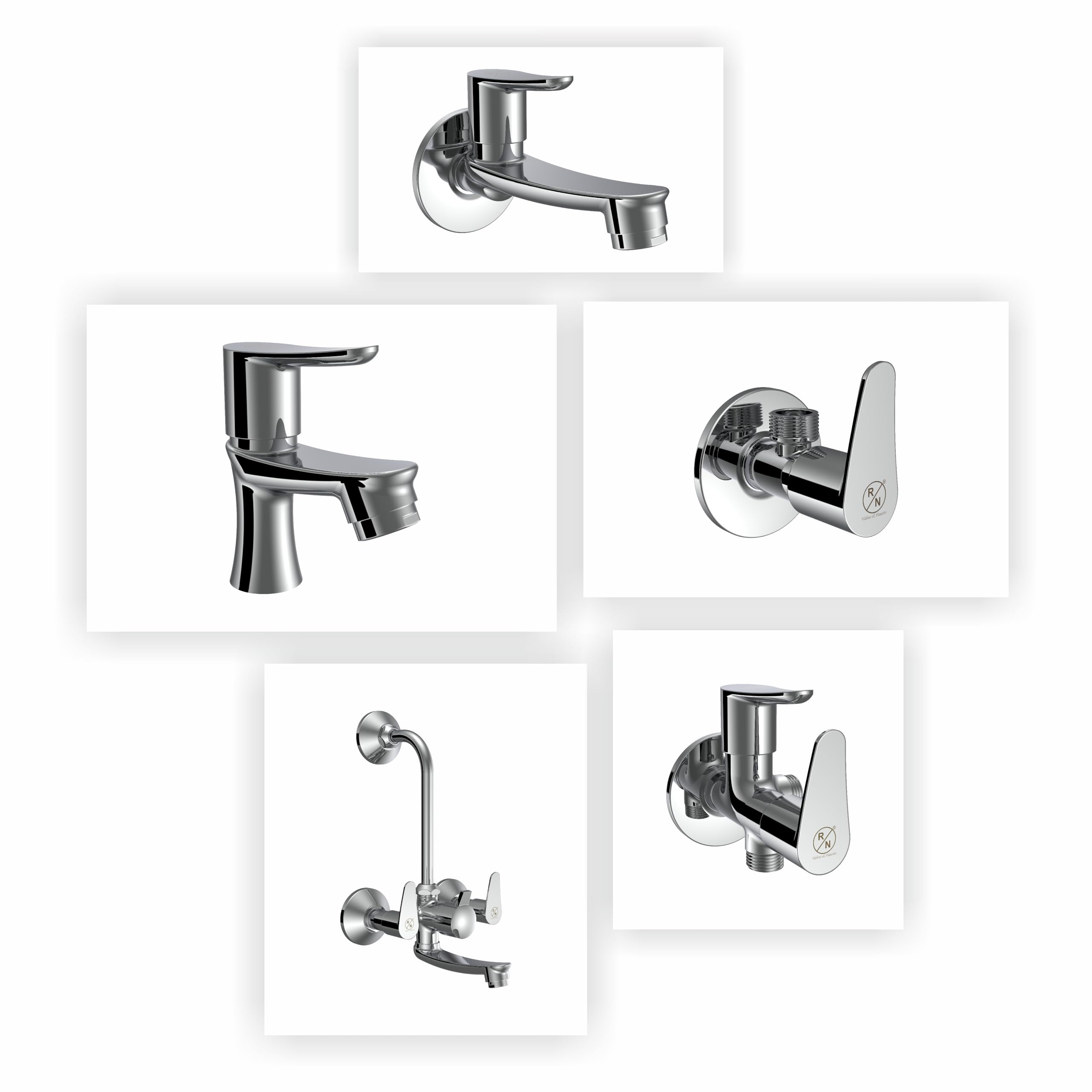 RN Brass Bath Set | Complete Bathroom Solution | Long Body Bib Cock, Angle Cock, 2 Way Angle Cock, Pillar Cock, Wall Mixer with L Band, with Accessories Fendi Collection (CP)