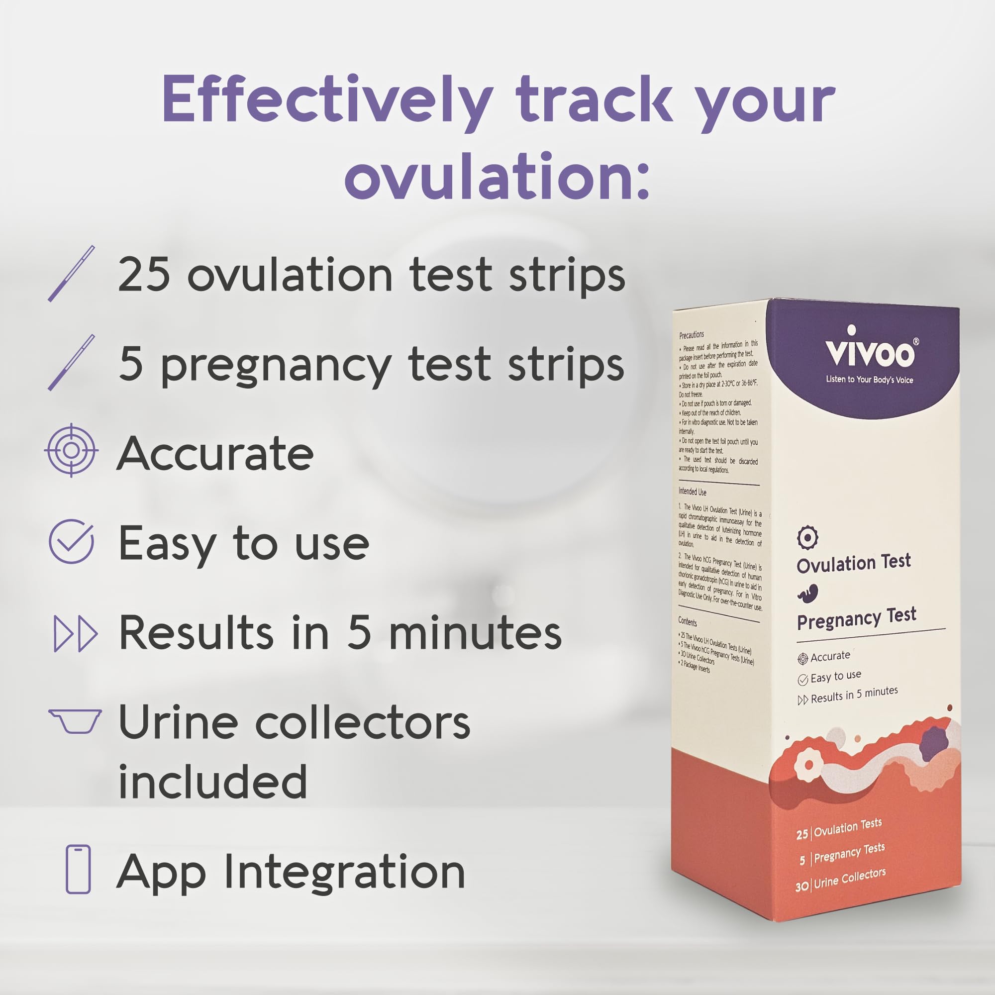 Vivoo Ovulation and Pregnancy Test Kit: Track Your Cycle and Test Results with Vivoo App, Includes 25 Individually Wrapped Ovulation (LH) Tests, 5 Pregnancy (HCG) Tests with 30 Cups