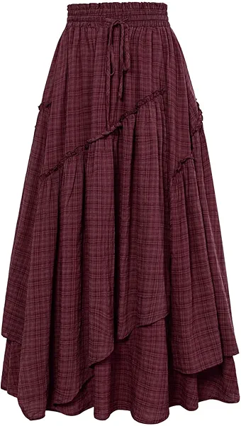 Women Plaid Skirt High Waist A Line Tiered Long Skirt with Pockets