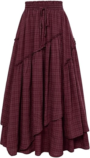 Scarlet Darkness Women Renaissance Layered Long Skirt Elastic High Waist Tiered Skirt with Pockets