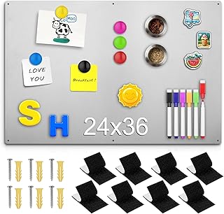24" x 36" Magnetic Board, Silver Magnet Bulletin Board to Display Magnetic Letters, Metal Board for Wall, Refrigerator Photo, with Dual Lock Tape and Screws, Marker Pen