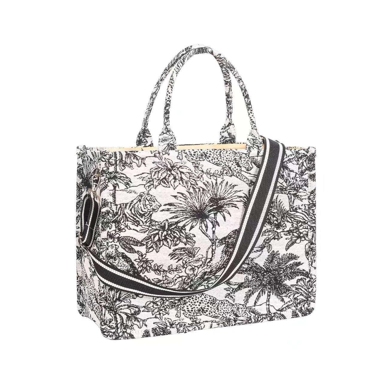 YHSHYZH Large Tote Bag for Women, Linen Cotton Jacquard Embroidered Handbag, Retro Fashion Purse for Work Travel Gym Shopping