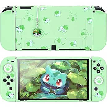 DLseego Protective Case Compatible with Switch OLED Soft Touch Slim Cover Case with 2 Pieces Thumb Grip Caps and Elf Balls Charm Shock Absorption and Anti-Scratch Green Frog