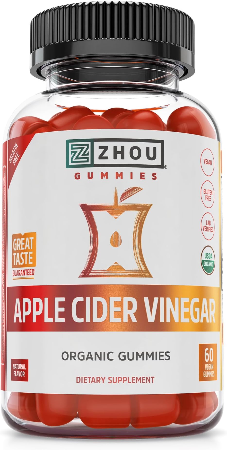 Zhou Apple Cider Vinegar Gummies - 60 Vegan Gummies, Natural Flavor | ACV for Women and Men with Elderberry, Delicious Taste with Raw Cane Sugar, USDA Organic, Gluten Free
