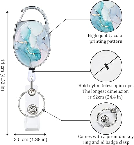 Miniatura 4 de Carretes retráctiles de doble cara con estampado de color con llavero retráctil y clip, cuerda de nailon duradera, mármol verde