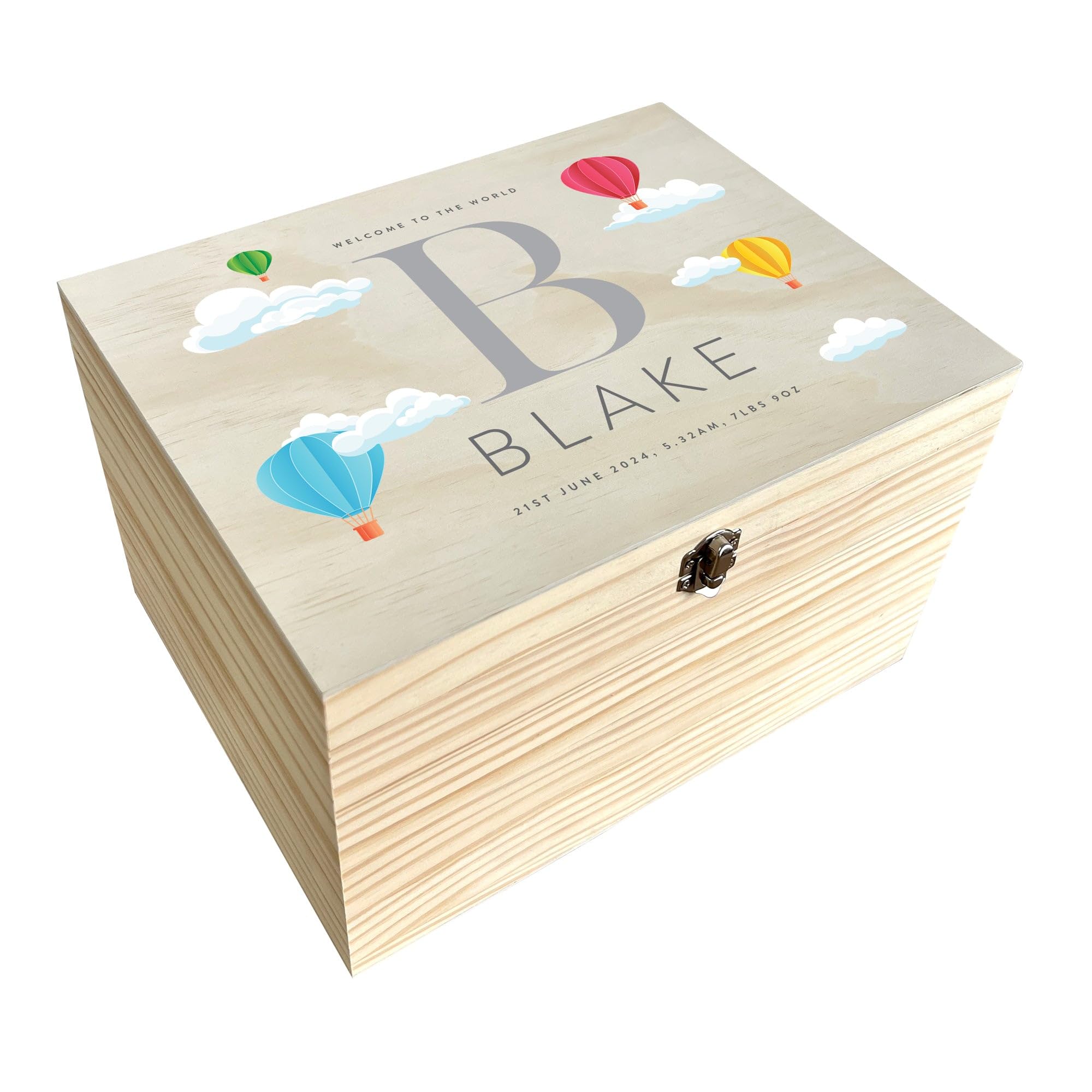 Personalised Hot Air Balloon Baby Keepsake Box | Treasured Memories Gift Box for Newborns | Custom Name and Date | Pine Box with Metal Hinges & Clasp | W36cm x D26.9cm x H20cm